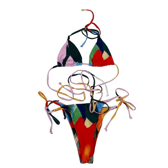 Unknown Brand - Triangle Halter Bikini Top & Tie Side Bottoms in Multicolor - Picture 1 of 3